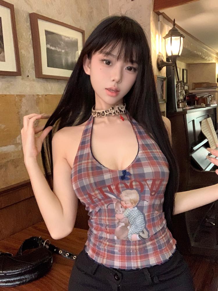American Retro Cartoon Print Vest Grunge Women Off Shoulder Sleeveless Vintage Sexy Plaid Tank Tops Y2K Chic Halter Top Summer