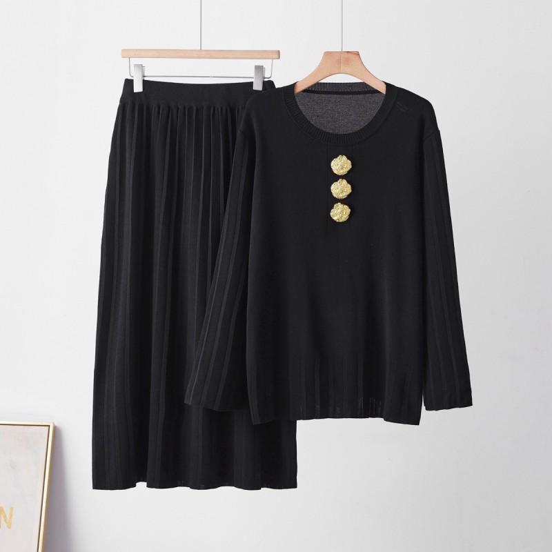 Womens Winter Knit Set: Solid Color Crew Neck Sweater A-Line Ribbed Skirt With Metal Button