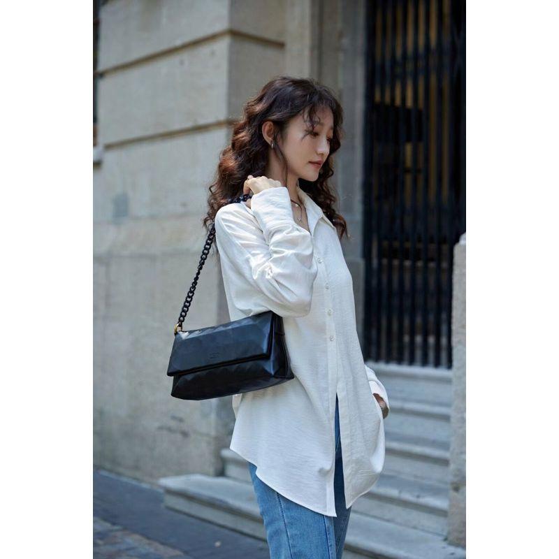 

Quilted Texture Genuine Leather Simple Shoulder Chain Underarm Bag Black large