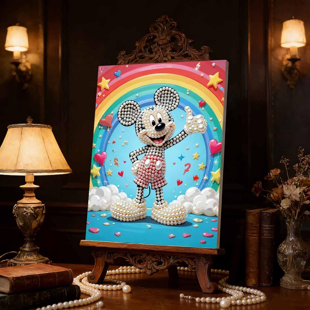 Rainbow Heart Mickey Pearl-Inlaid Frameless Art | Handmade Pearl Craft, Rainbow Cloud Theme, for Playful Home Decor & Great Gift Choice