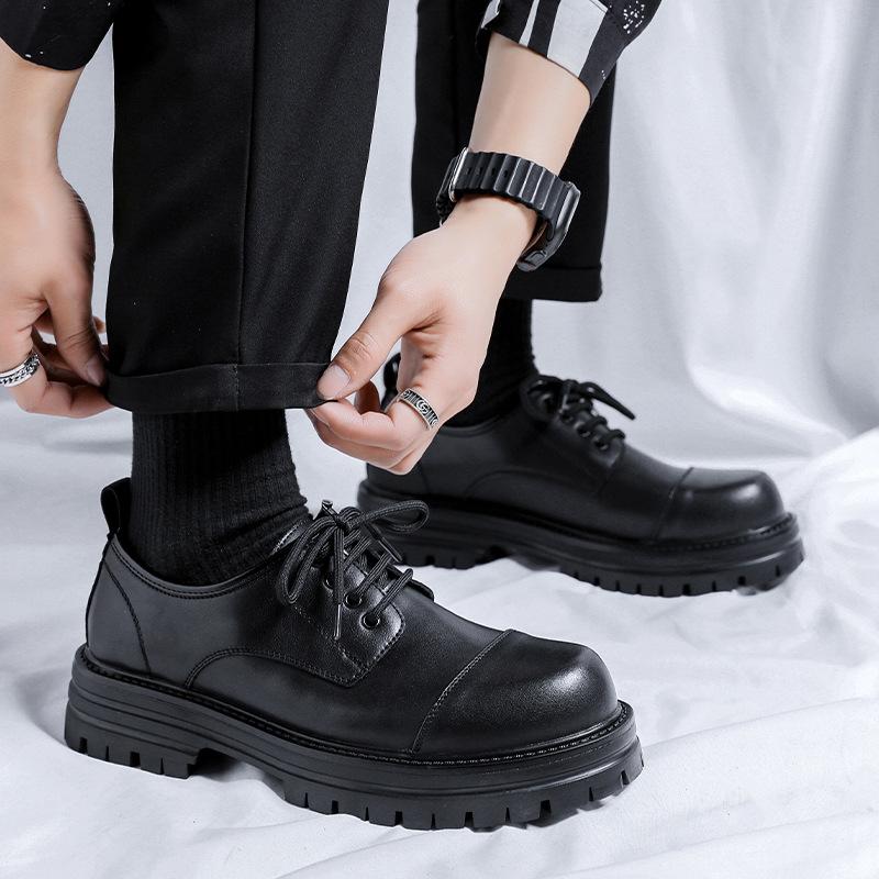Fashion Casual English Platform Derby Shoes for Men Fashion Cow Leather High Sense Black Wedding Groom Low-top Platform Shoes Man