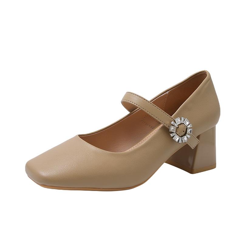 Square head shallow mouth Mary Jane single shoes women's 2025 spring new French temperament shallow mouth high heel fashion women's shoes