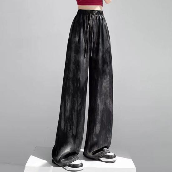 Women Pants Elastic High Waist Adjustable Drawstring Wide Leg Trousers Tie Dye Print Summer