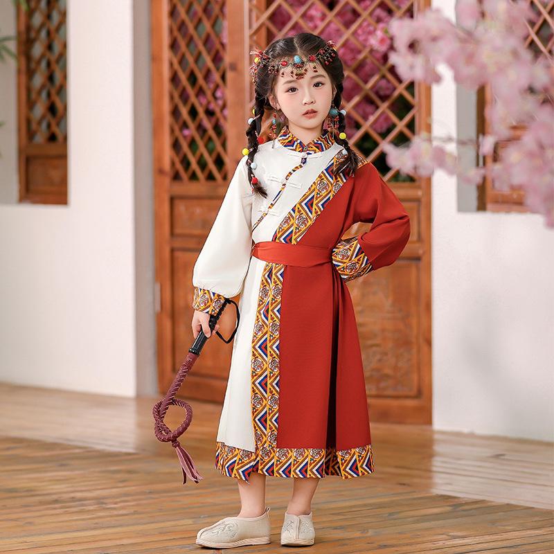 

Детский красный костюм в китайском этническом стиле - с длинным рукавом, цветной блок, унисекс, для выступлений Height 90cm