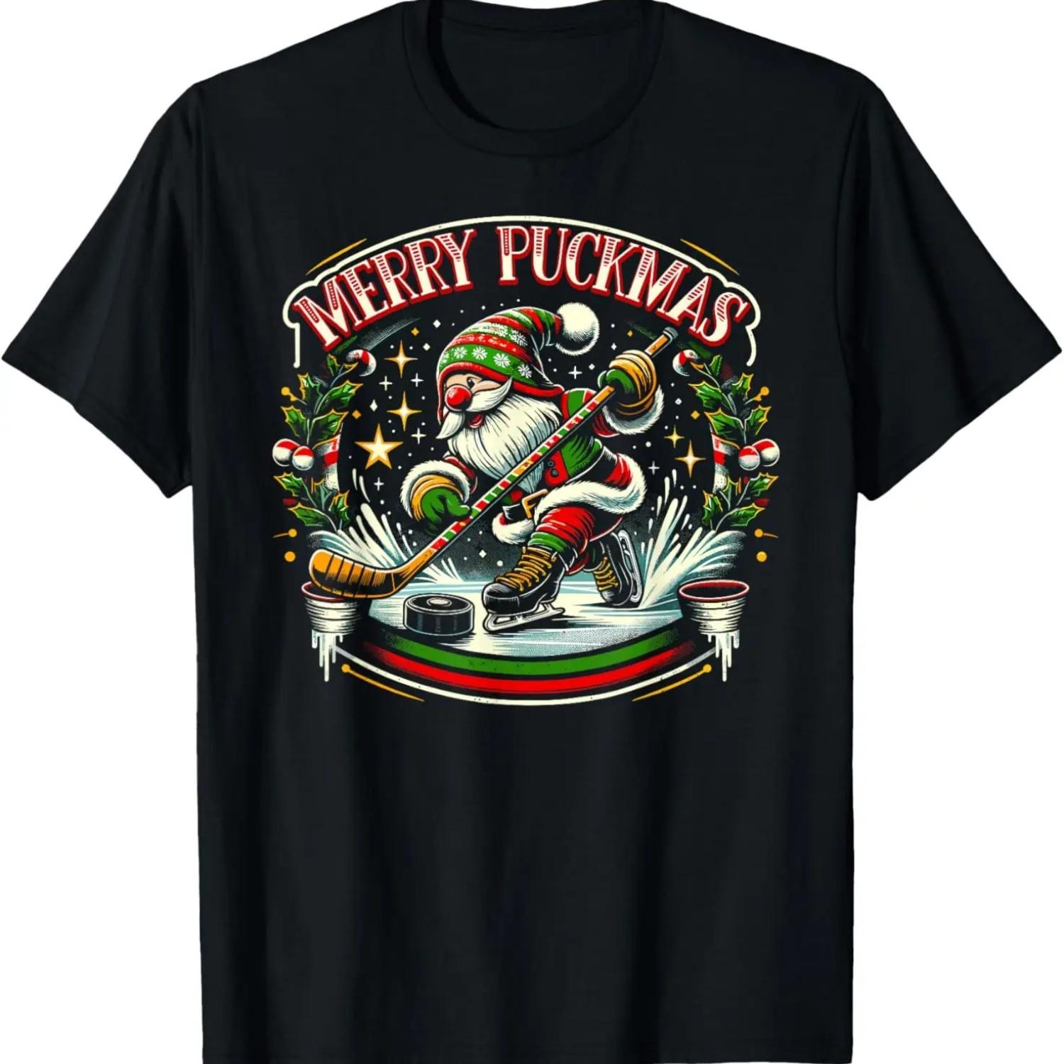 Ice Hockey Gnome, Merry Puckmas, Icehockey Player Christmas T-Shirt S чёрный