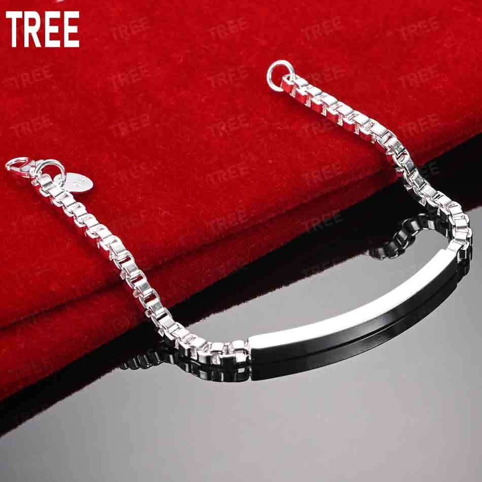 925 Sterling Silver 4mm Nameplate Side Chain Simple Bracelet Gift Jewelry 20CM