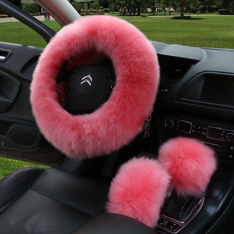 Pure Wool Car Steering Wheel Cover, Winter Handlebar Cover, Handbrake Cover, Gear Cover, Three-Piece Set Pink Three-Piece Set