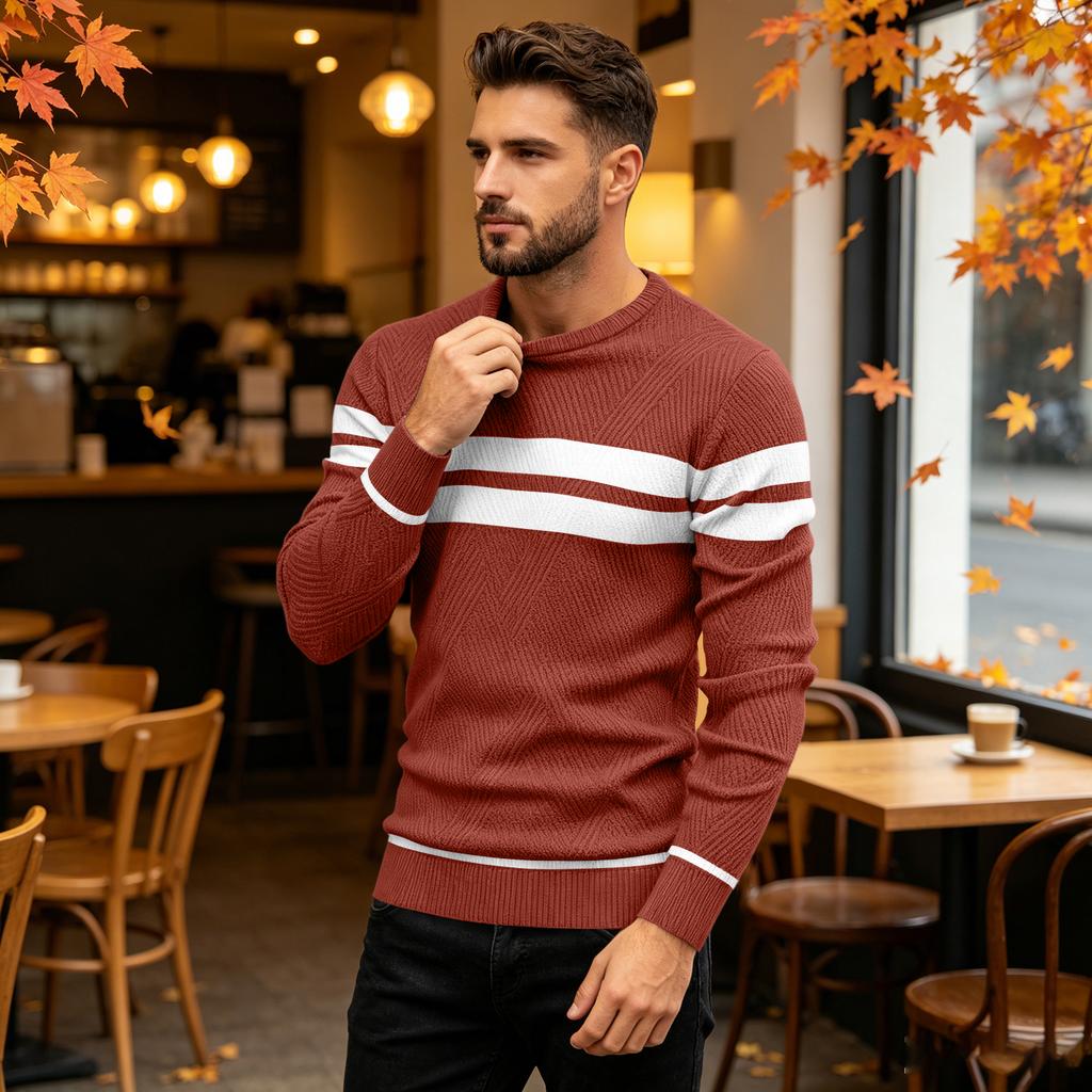 Maglione da Uomo Casual a Vestibilità Larga con Scollo Tondo e Fantasia a Righe, Pullover a Maniche Lunghe in Maglia per l'Uso Quotidiano