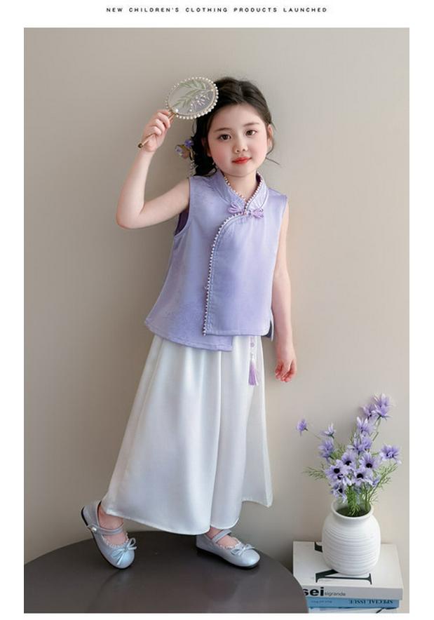 2026 Girls' Chinese Style Fairy Summer Two-Piece Set with Frog Button