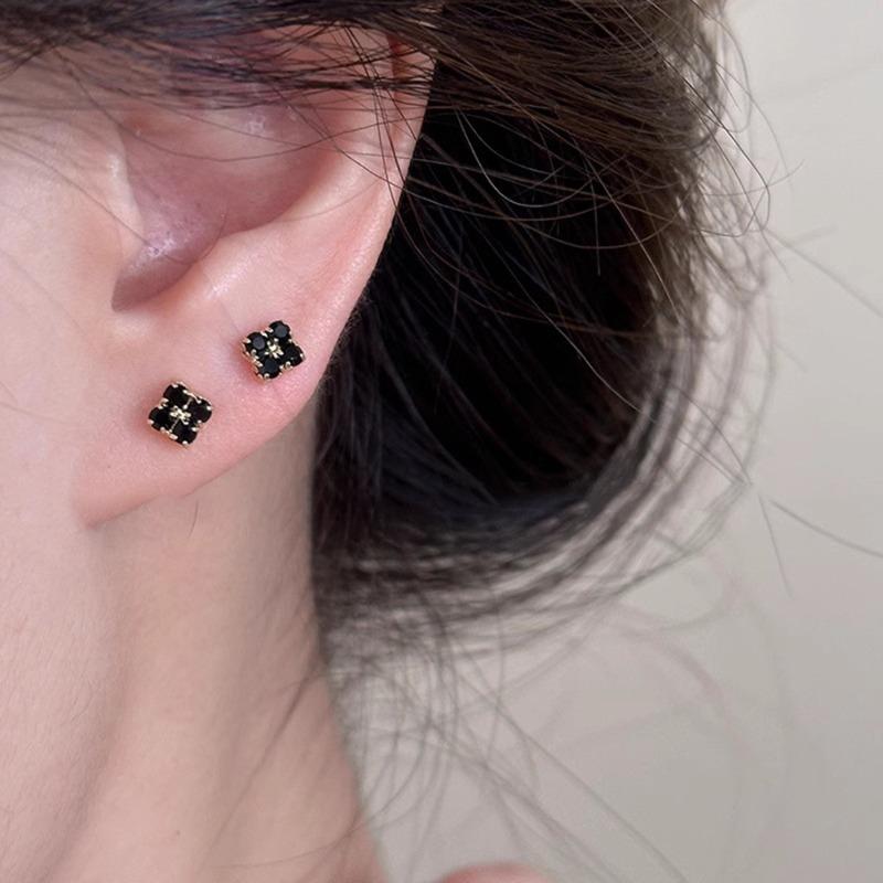 Compact and Casual Square Black Stud Earrings, Elegant and Sophisticated Silver Needle Earrings