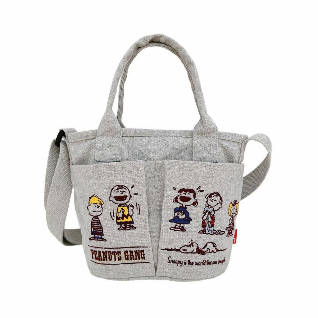ROOTOTE Snoopy Embroidered Mini Tote Bag with Shoulder Baby 0C 8422 Light Strap, Lou, Pockets, Peanuts, (04 Gray)