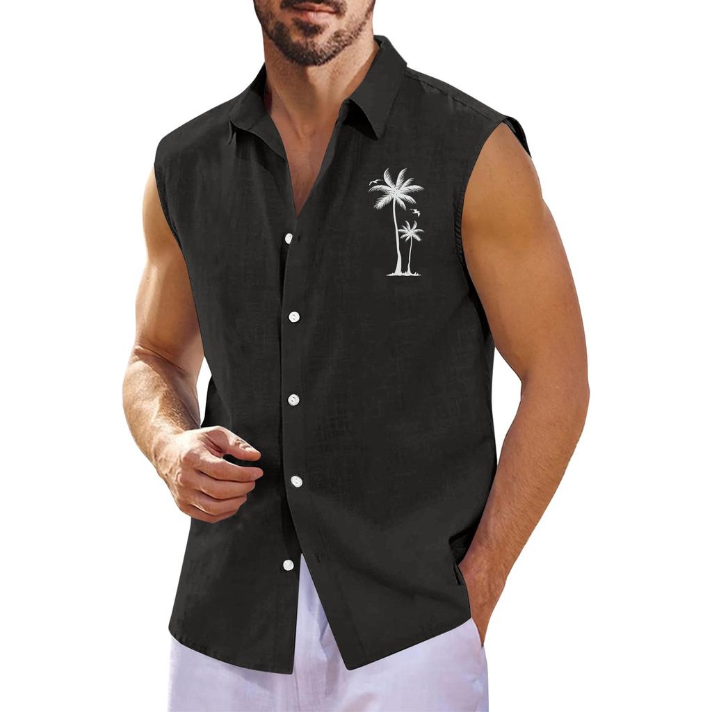 Men's Summer Hawaiian Print Sleeveless Shirt Men's Loose Lapel Sleeveless Button Shirt