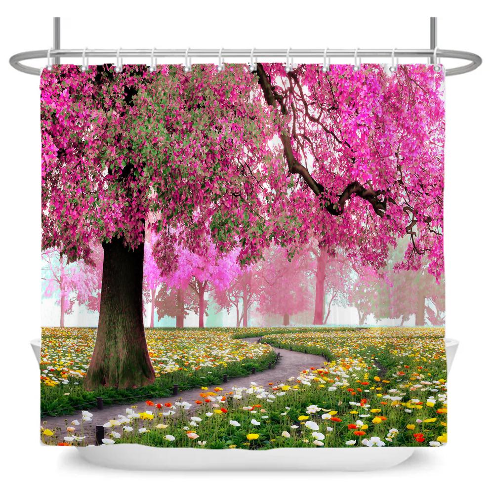 Rural Flowers Scenery Shower Curtain Dreamlike Blooming Flowers Tree Home Bathtub Decor Waterproof Polyester Bathroom Curtains
