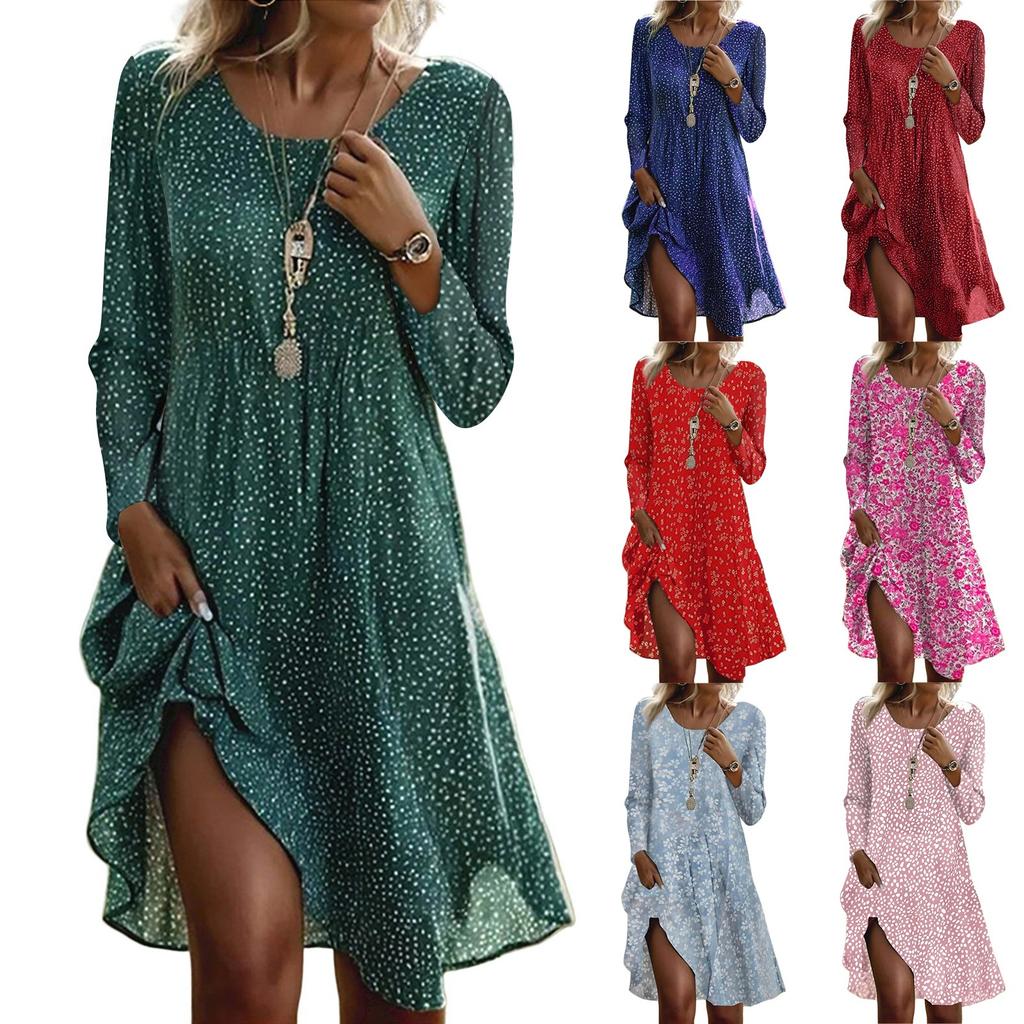 Long Sleeve Dress For Women Casual Loose Fit Summer Sundress Floral Print Dress With Pockets