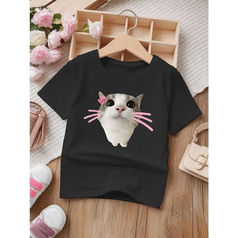 European Sizes Cute Cat Print Round Neck Short Sleeve T-Shirt for Girls - Summer New Arrival Children's Clothing with Cartoon Pattern