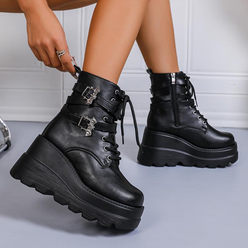 Fashion Chunky Wedges Punk Ankle Boots Women Fashion Super High Heels Motorcycle Boots Woman Lace Up Thick Bottom Black Gothic Shoes