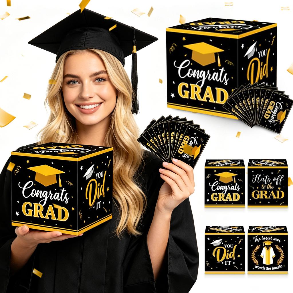 Graduation Card Collection Box with 20 Cards Congrats Grad Keepsake Box for Graduation Party Memory Storage and Greeting Cards Set