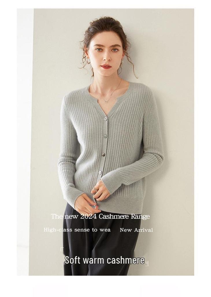 2024 Women's Fall/Winter Round-Neck Ribbed Cashmere Cardigan Sweater: Elegant Knitwear