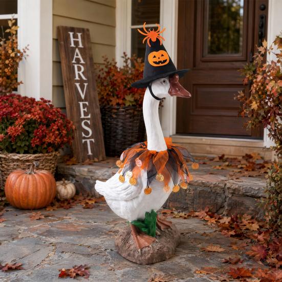 Goose Costume for Yard Display 1 Set Halloween Outfit, Lawn Festive Clothes with Pumpkin Spider Pointed Themed Hat, Porch 23 Inch Statue Outdoor
