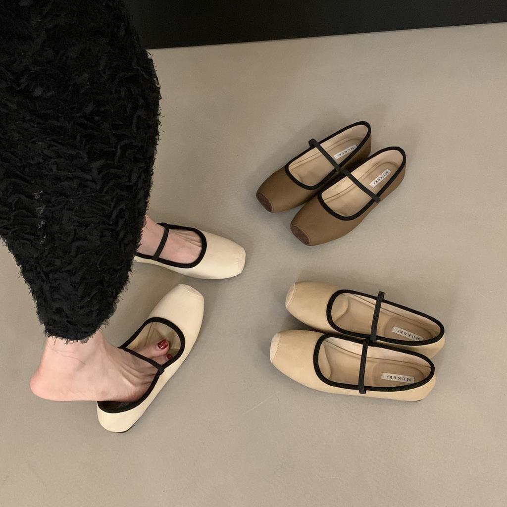 French Retro Simple Word with Square Head Shallow Mouth Single Shoes Women's 2025 Spring and Autumn New Lazy Flat Ballet Shoes