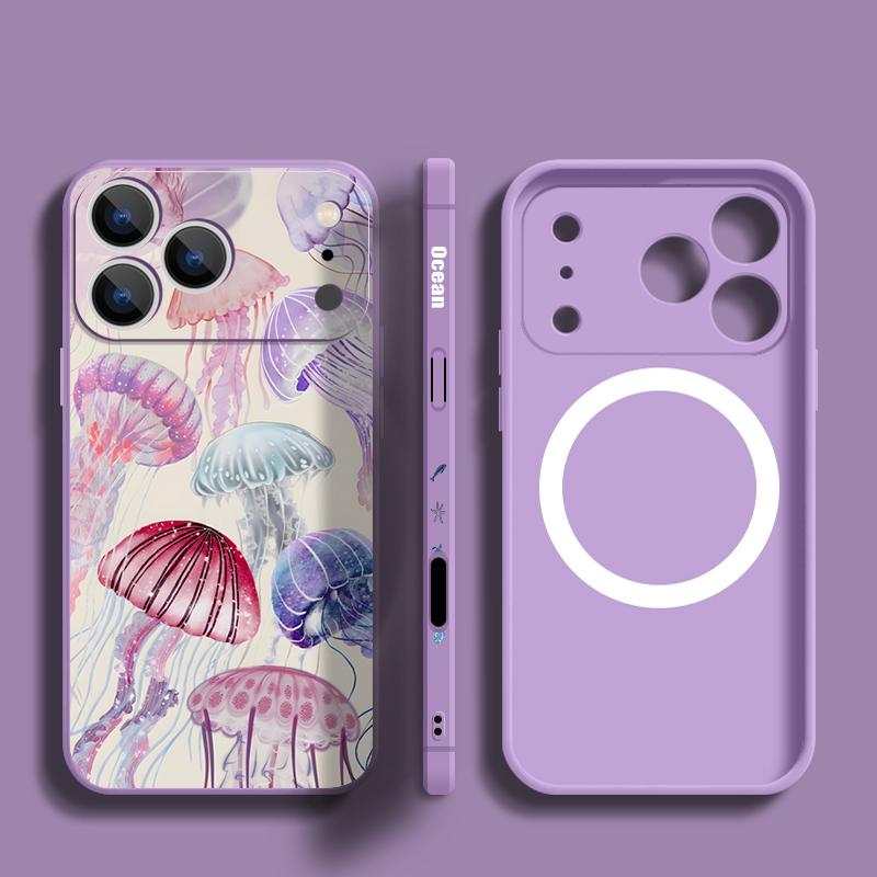 Magnetic For Magsafe Case For iPhone 17 Pro Max Colorful Jellyfish Turtle Print Soft Silicone Phone Back Cover For iPhone 16 15 14 13 Pro Max 16e 17e