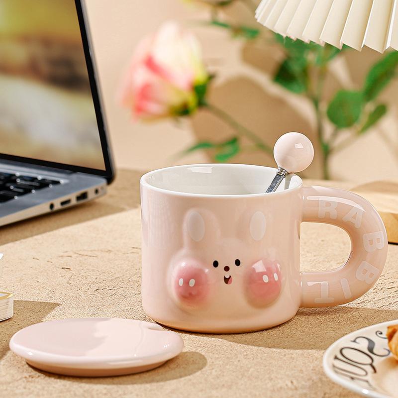 Embossed cute rabbit mug with cover wind niche design sense cute card ceramic cup creative water cup coffee cup household