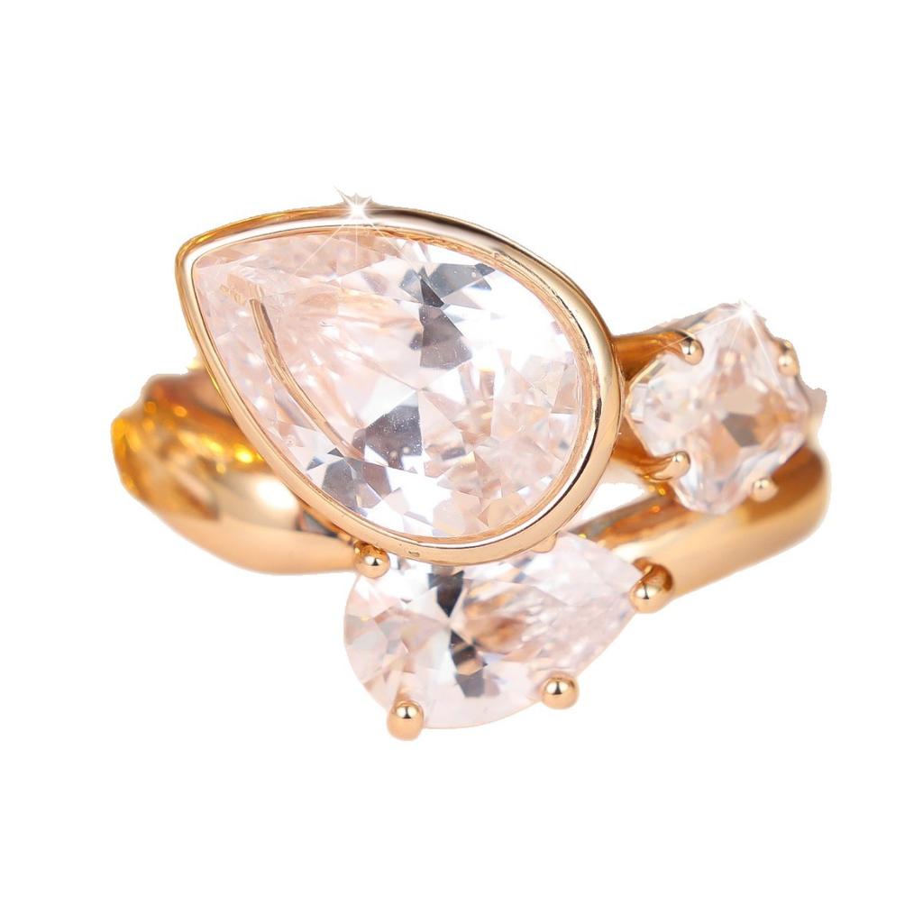 Europe and America ins Wind two-finger split water drop diamond ring set Large and small horse-eye shaped diamond stacking jewelry