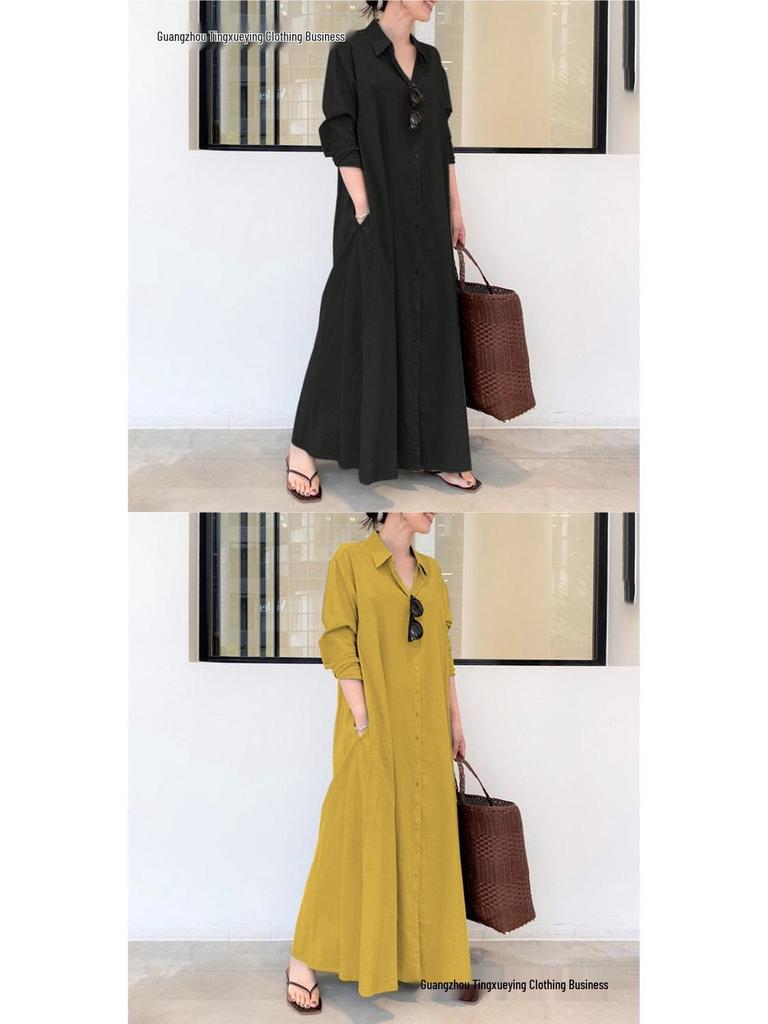 2026 European Cotton Linen Long Sleeve Lapel Shirt Dress with Patch Pocket – Casual, Loose Fit