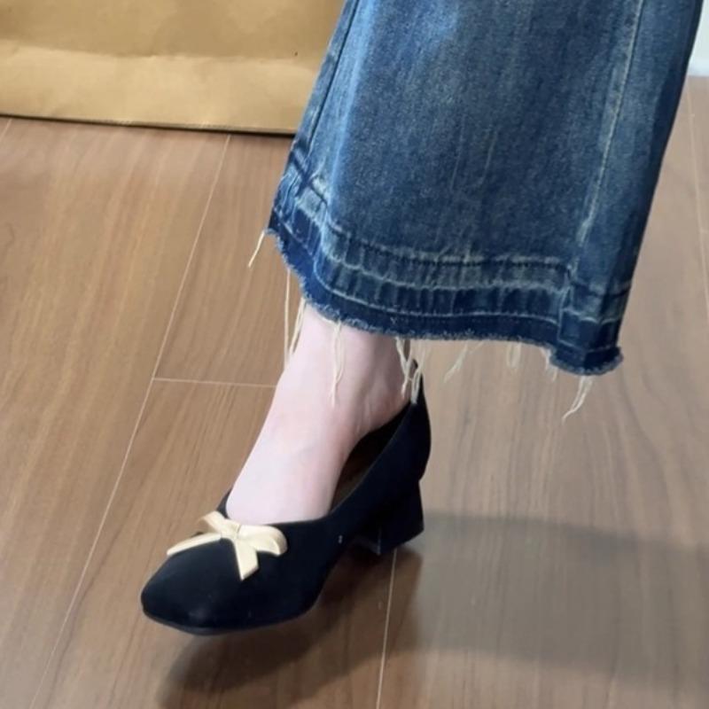 French Bow Square Toe Shallow Mouth Block Heel Work Single Shoes Women's 2026 New Professional Shoes