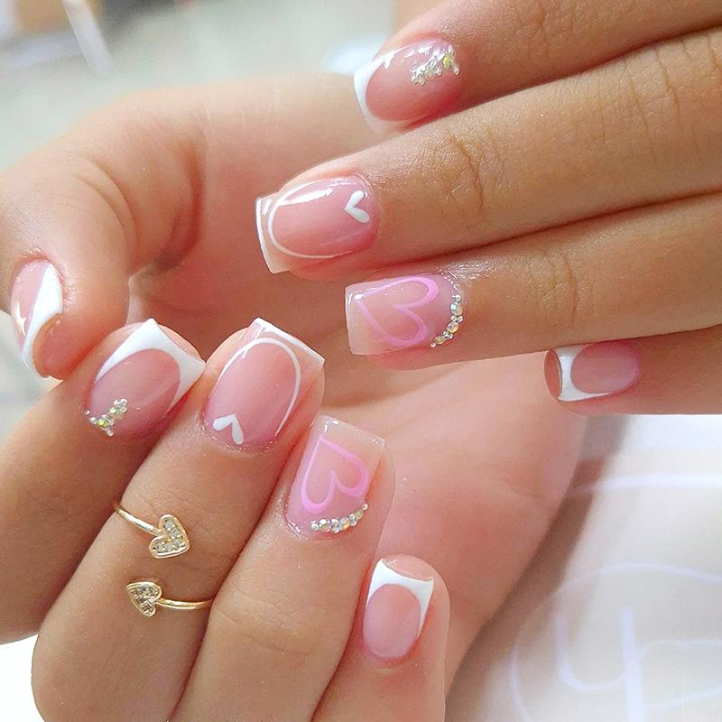24Pcs Short French Tip False Nails Shimmer Ballet Nail Art Full Cover Sheer Press On Manicure Tips For Girls Daily Wear