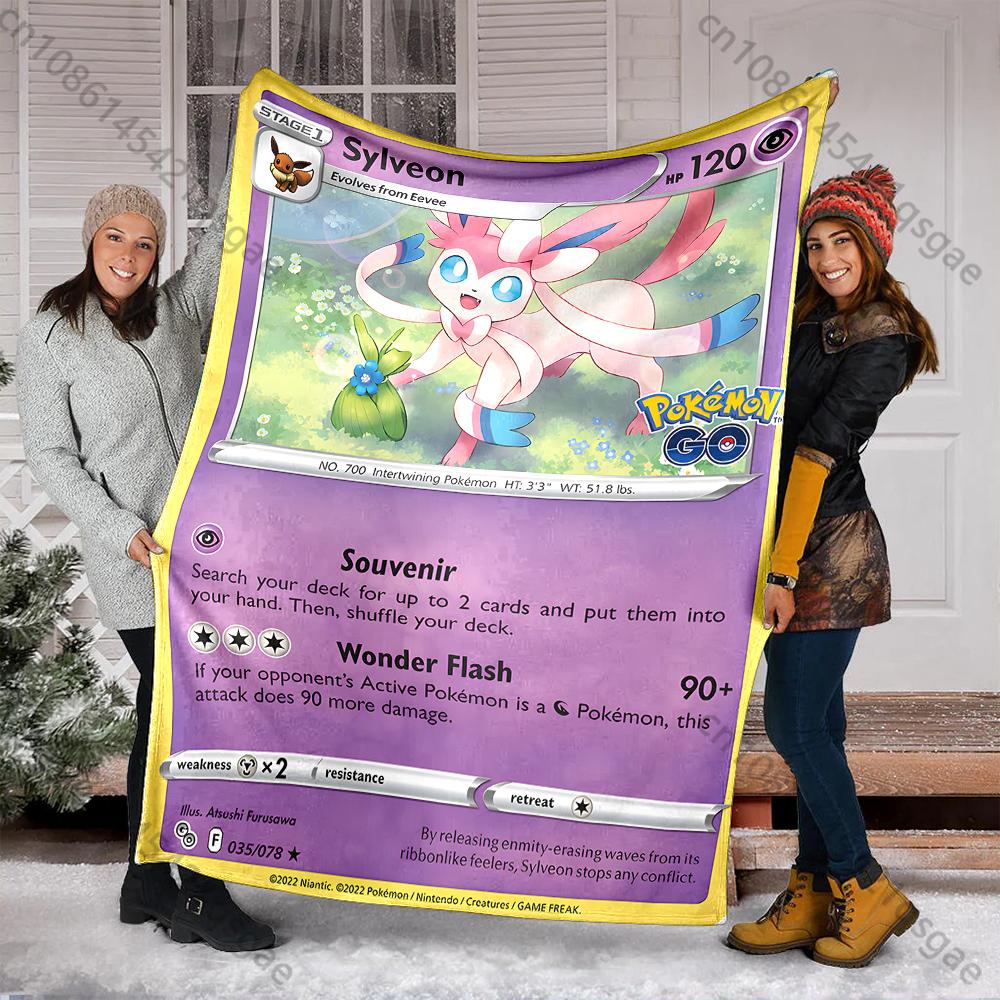 Cartoon Pokemon Cards Sylveon Printed Blanket Flannel Fluffy Soft Blanket for Adult Kids Plush Sofa Home Car Camping for Gifts