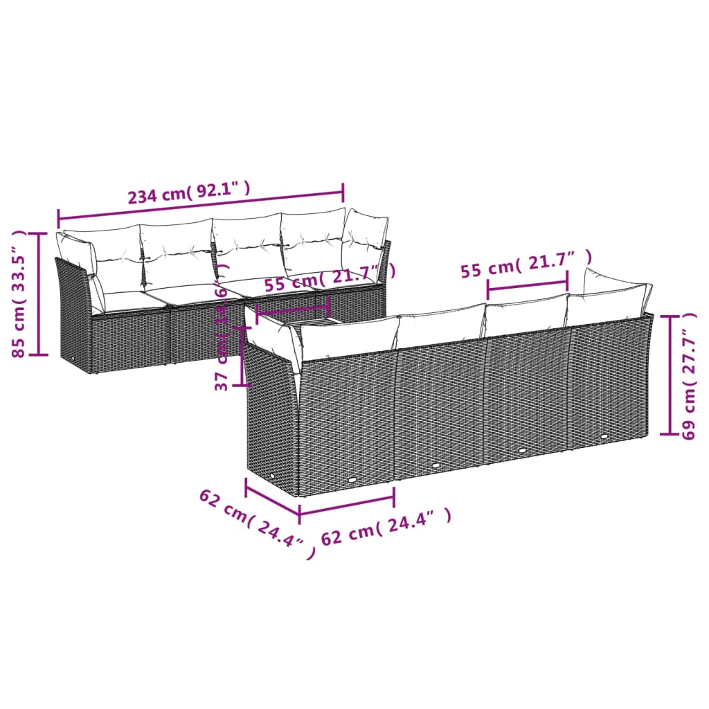 Vidaxl 9-Cz. Gartenmöbel-Set mit Kissen, Beige, Polyrattan