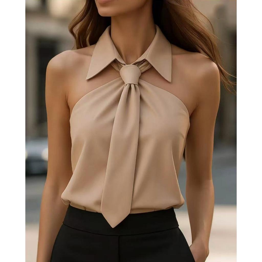 Fashion Women Tank Top Camisole Halter Neck Strap Necktie Lapel Design Loose Sleeveless Blouses Blusas Mujer Moda Sexy Shirt