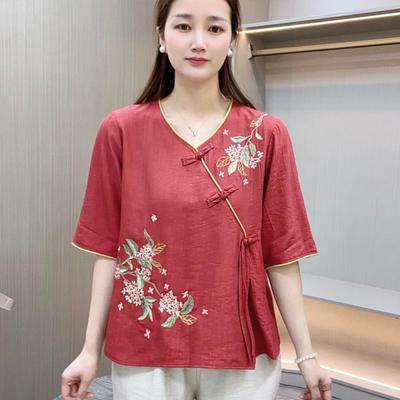 Middle Aged Women Retro Chinese Embroidery Asymmetrical Button Blouse Summer Loose Bohemian Style Top