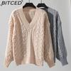 BITCED Autumn/Winter Women's Knitted Sweater Loose-fit Pullover Retro Cable-knit V-neck Long-sleeved Solid-colour Jumper
