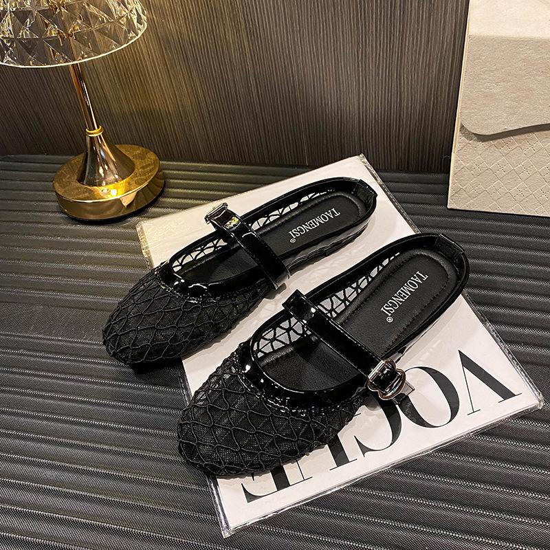 Yixinda breathable mesh shoes flat slippers women's hollow Mary Jane single shoes women's Muller tow summer