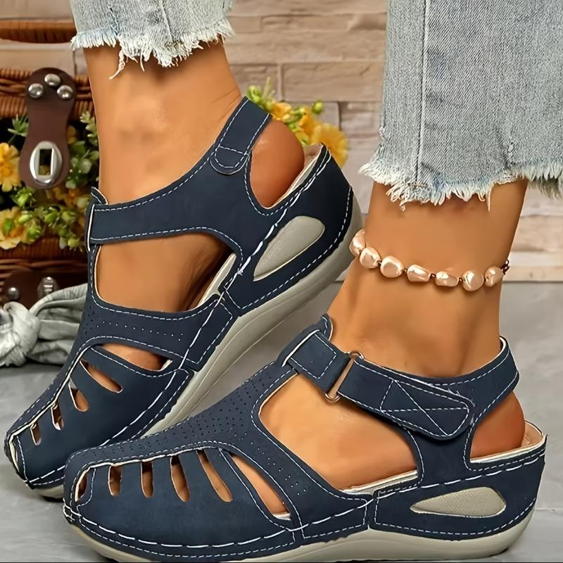 Women's Casual Wedge Heel Sandals Round Toe Cut-Out Design Mid Heel Breathable Comfortable All-Season Wear Easy Buckle Closure Durable Sole