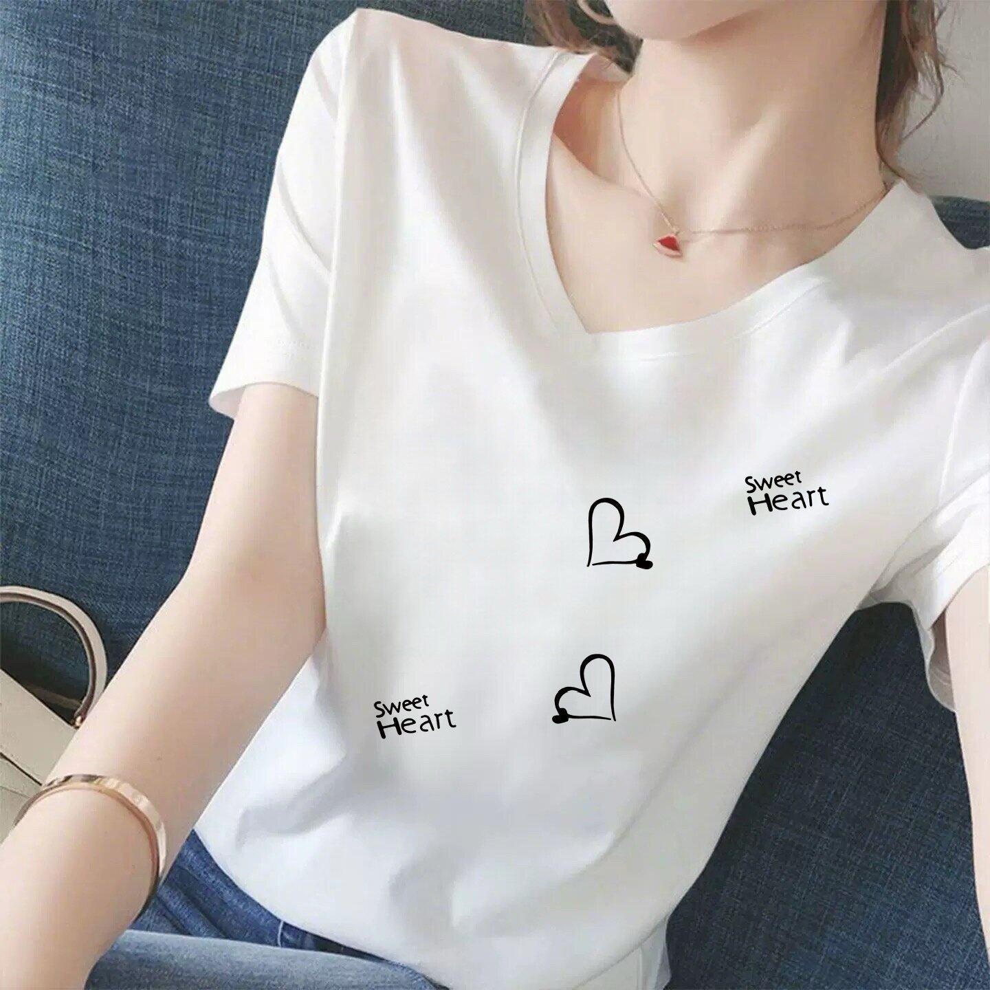 White V-Neck Short-Sleeve Women s T-Shirt - Summer 2026 Slimming Print for Mothers L