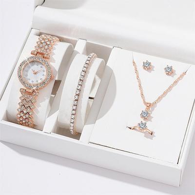 Set di accessori popolari Orologio al quarzo in lega da donna Collana con anelli Orologio da polso combinato Set di 6 lussuosi orecchini e braccialetti alla moda
