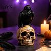 Creepy Gothic Accents Halloween Skull Figurine, Realistic Human Head Statue, Crow on Statue Sculpture for Home Tabletop Mantel Decor Decorations
