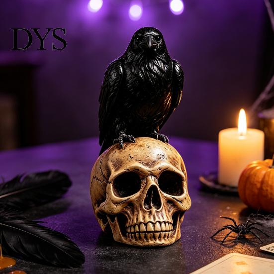 Creepy Gothic Accents Halloween Skull Figurine, Realistic Human Head Statue, Crow on Statue Sculpture for Home Tabletop Mantel Decor Decorations