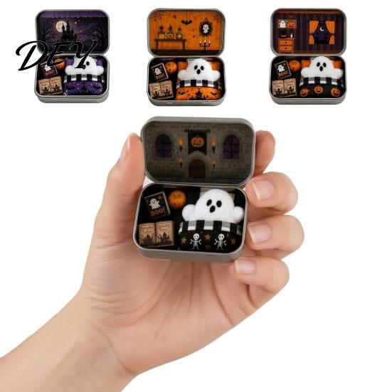Festive Desktop Ornament Mini Ghost Tin Box Set, Little Pocket Cute in A Box, Kids Halloween Party Favor Miniature Scene Spooky Decor, Gifts for Boys
