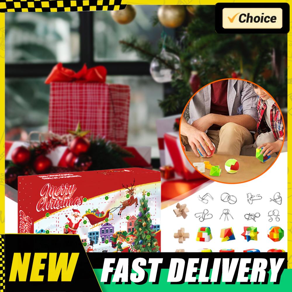Christmas Countdown Calendar 24 Pcs Metal & Plastic and Wooden Puzzle Fun Challenge Christmas Advent Calendar for Adults Kids
