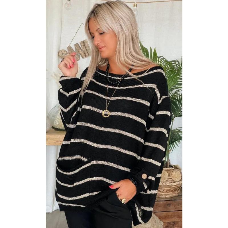 Loose Fit Round Neck Long Sleeve Striped Color Block Pullover Sweater For Women