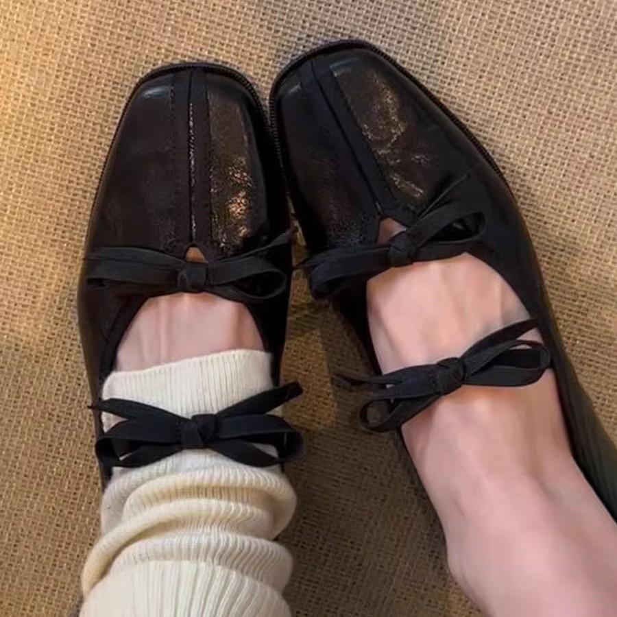 Keep Version~ Square Head Retro Bow Mary Jane Shoes Women's Shallow Mouth One Pedal Low Heel French Ballet Style Single Shoes