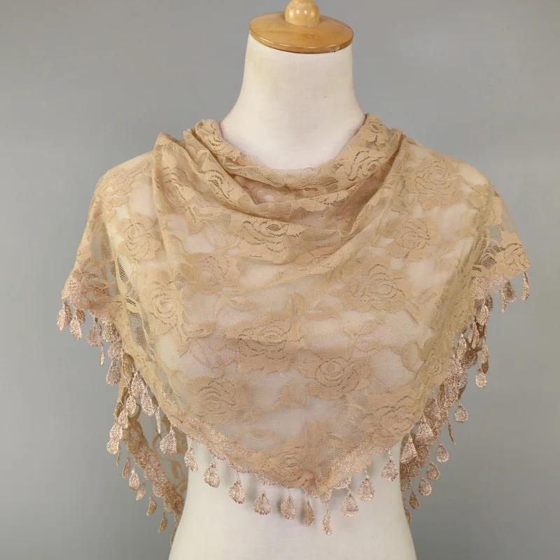 Sciarpa Triangolare con Pizzo Monocolore e Frange per Donna, Velo, Colore Puro, Fiore, Hijab da Preghiera 160*80cm
