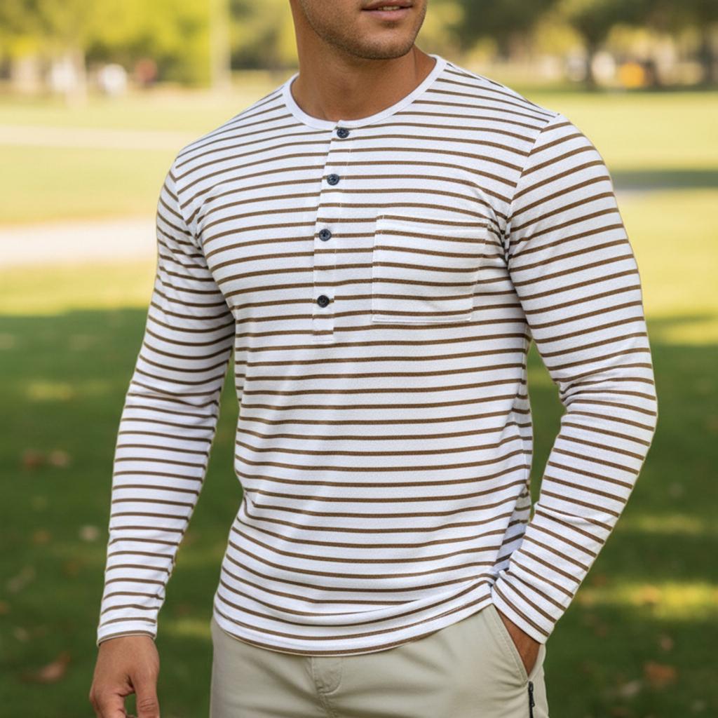 Men's Casual And Trendy Long,sleeved Shirt With A Base Layer And Horizontal Striped Round,neck Top