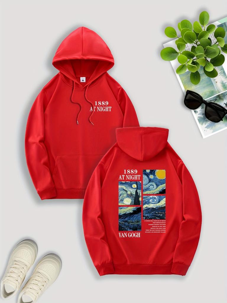 Men'S Double Sided 1889 At Night Starry Sky Print Hoodie with Kangaroo Pocket Drawstring Casual Streetwear for Fall Winter,