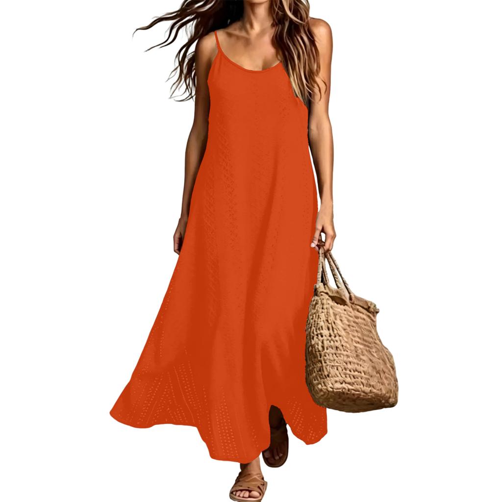Damen Bohemian Urlaubs-Einfarbig Ärmellos V-Ausschnitt Maxikleid Leicht Lässig Lockerer Schnitt Sommer-Sonnenkleid