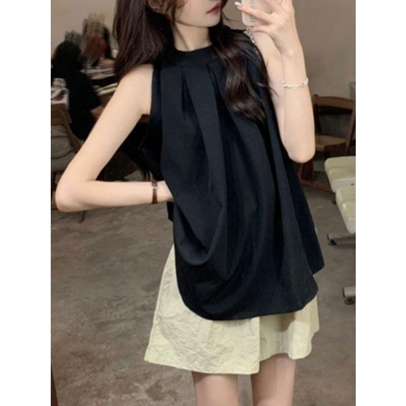 Women's New Summer Style Light Blue Halterneck Off-shoulder Sleeveless Vest Loose Casual Top